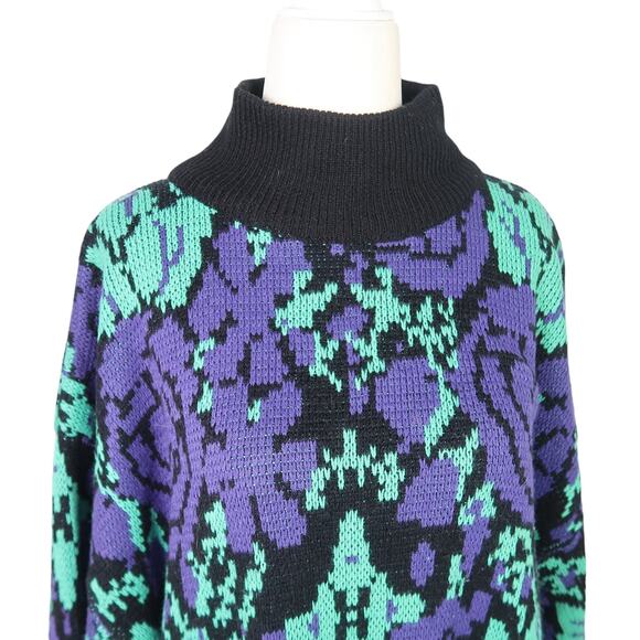 Vintage 80s Michael Carrie black purple green floral tunic sweater L - Picture 2 of 5